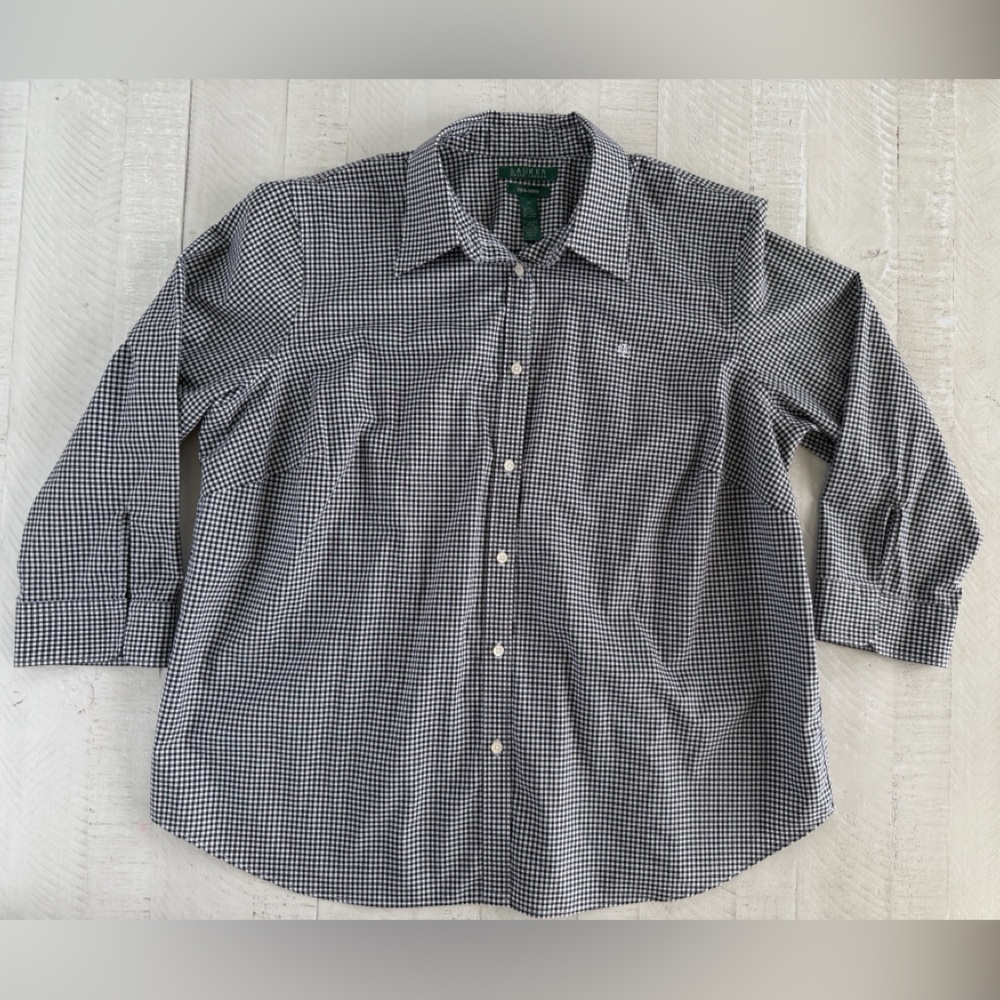 Lauren Ralph Lauren No Iron Tiny Gingham Black & White Button Down Shirt 1X